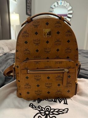 MCM Cognac Logo-Print Leather Backpack with Gold Hardware